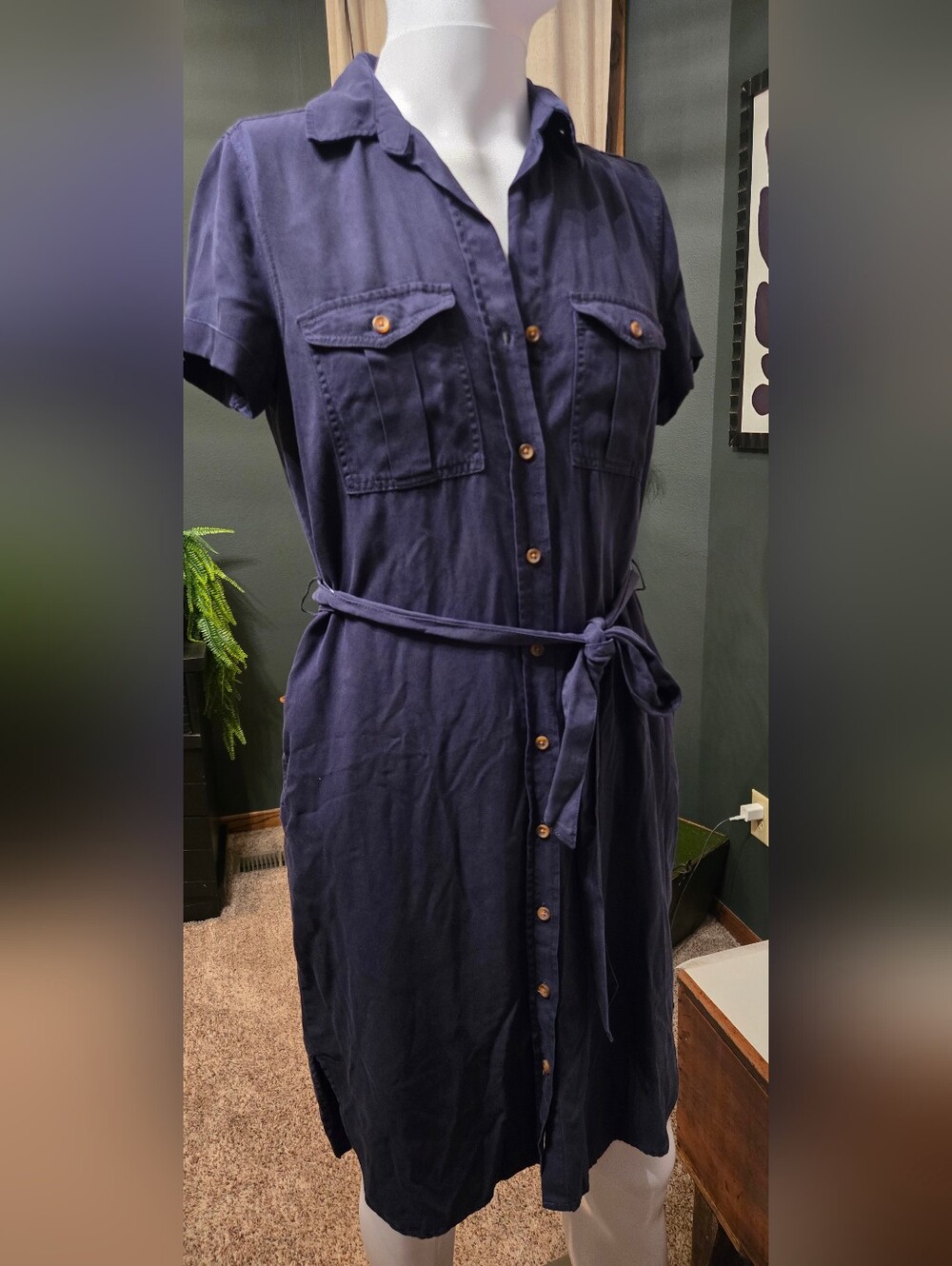 Navy Button-Front Shirt Dress with Belt Teddi Rose Small